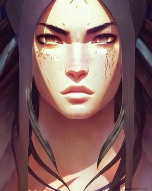 Image similar to azctec warrior, megan fox, detailed perfect face, exquisite details, fire magic, mid view, design on a white background, by studio muti, greg rutkowski makoto shinkai takashi takeuchi studio ghibli