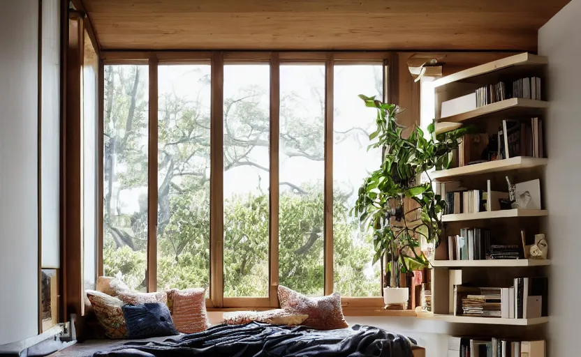 Image similar to interior design magazine photo of a big window with a wooden frame to sit on, some sandy yellow pillows, there are some books on a small integrated shelf, hanging plants, great architecture, ambient light, 8k