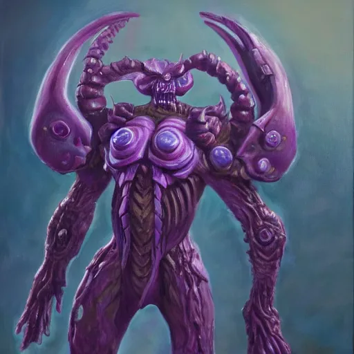 Image similar to full body portrait of a zerg overmind from star craft as the dictator of the los angeles lakers in full military garb, oil on canvas by william sidney mount, trending on artstation