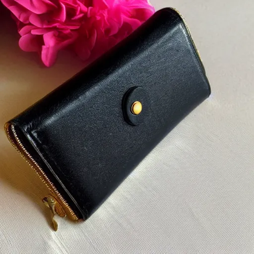 Prompt: womans black leather wallet with a gold zipper