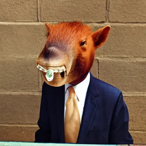 Image similar to smoking cigar, a man wearing a suit capybara head (smoking cigar)