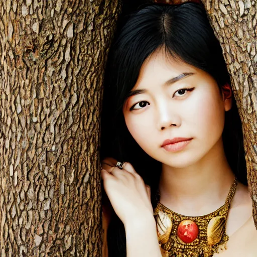 Image similar to portrait of asian girl in the costume of bird, sitting in the tree, jewellery, beautiful face, elegant, stylish, cool, deep gaze, emotionally touching, tenderness, high quality, photo realistic, work in the style of annie leibowitz