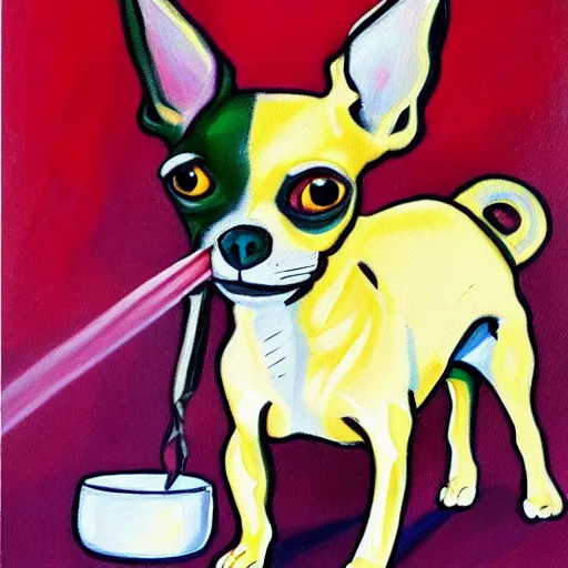 Image similar to a painting of a chihuahua smoking weed in an office