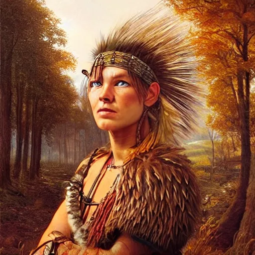 Image similar to portrait of a germanic hunter - gatherer tribe woman ( 3 5 ) from the the netherlands, an oil painting by ross tran and thomas kincade