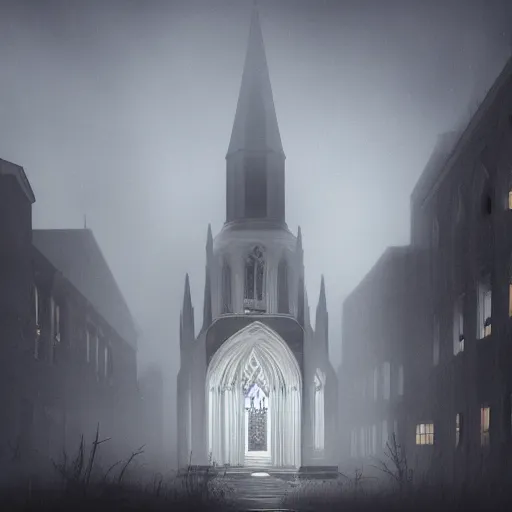 Image similar to victorian church in the middle of the city, dark, misty, at night, 8 k, detailed, concept art, trending on artstation