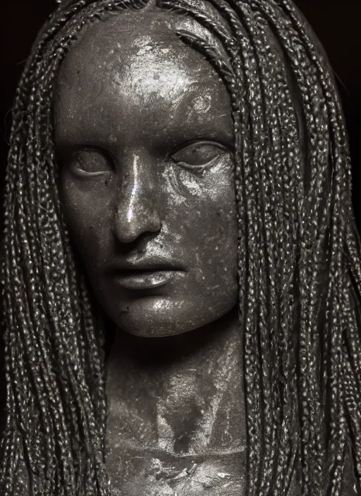 Prompt: a marble statue masterpiece of evil face, with long, black, braided hair. nightime, low light, dark forest. strong, dabbled light falls on her face. closeup photography. macro detailed oily skin. highly detailed, sharpness. victorian dress. hyper realistic