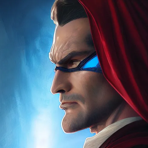 Image similar to [Riff Raff as Superman, closeup, D&D, intricate, elegant, highly detailed, digital painting, artstation, concept art, matte, sharp focus, illustration, art by Artgerm and Greg Rutkowski and Alphonse Mucha]