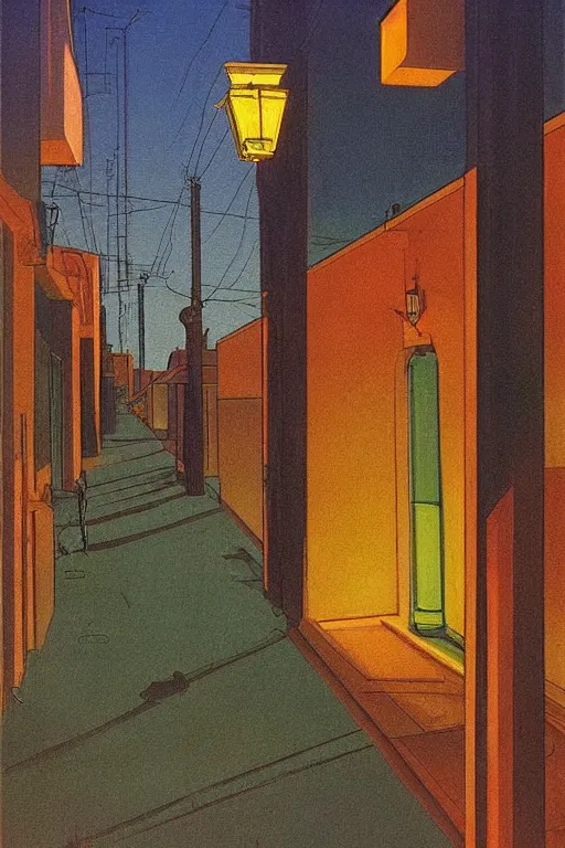 Prompt: eerie tel aviv street mystery at dusk, colorful film noir scene. by moebius, giorgio de chirico, edward hopper