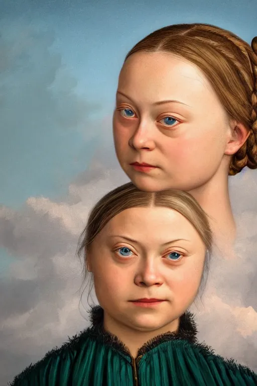 Image similar to greta thunberg as a cute Lucas Cranach the Elder Oil Painting, head and shoulders, epic, vivid colors, high details, cinematic, 8k resolution, beautiful detailed, photorealistic, digital painting, artstation, concept art, smooth, sharp focus, illustration, fantasy background, artstation trending, octane render, unreal engine