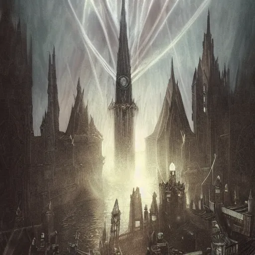 Prompt: an ultra detailed tarot card of a lonely and impossibly tall ominous gothic dark citadel tower of the evil patriarch, elevated high above the city, in a river elevated high above the city, fantasy capital city, ultrawide lense, aerial photography, scary thunderstorm, light fog, volumetric lighting, exquisite detail, 8 k, art by greg rutkowski and alphonse mucha