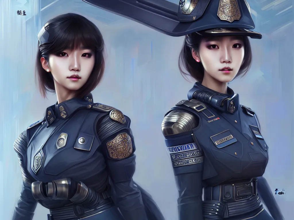 Image similar to portrait jisoo, futuristic koeran police uniform female, at future neon light rooftop, ssci - fi and fantasy, intricate and very very beautiful and elegant, highly detailed, digital painting, artstation, concept art, smooth and sharp focus, illustration, art by tan zi and ayanamikodon and alphonse mucha and wlop