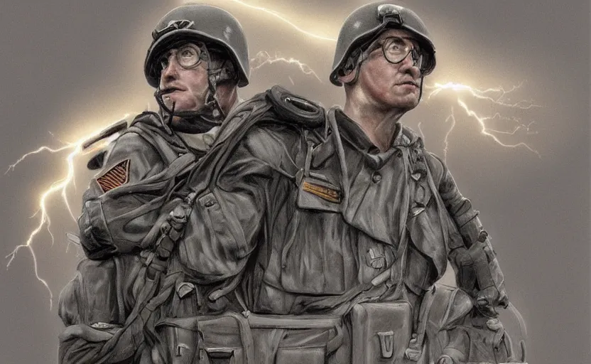 Image similar to highly detailed, high resolution, character design art, colored sketch, stunning, volumetric lightning, from save private ryan movie, matte, sharp focus, 150mm, illustration, trending on twitter, by pathetic medic, cartoon human anatomy, simple design, ww2 era military gear, soldiers