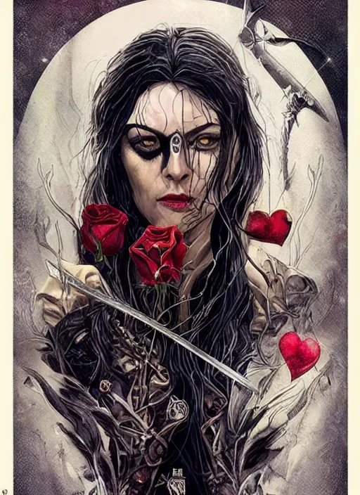 Image similar to tarot card :: horror :: vampires and draculas :: long hair :: hearts and roses :: gold and silver :: guns and swords :: side profile :: highly details :: intricate details :: Sandra Chevrier and bastien lecouffe deharme