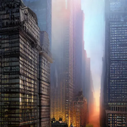 Prompt: ruination flooded new york city in the year 3100, skyscrapers, vegetation growing back onto buildings, hyper-realistic, cinematic lighting, foggy, photorealistic, 8k, F5.6, highly detailed, skycrapers, alone