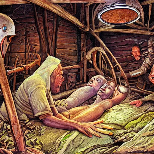 Image similar to primitive extraterrestrial villagers caring for severely injured butch blond woman at bedside, inside primitive hut, cinematic, worm's eye view, dramatic lighting, illustration, ron cobb, mike mignogna, science fiction, detailed painting, high detail, rough paper