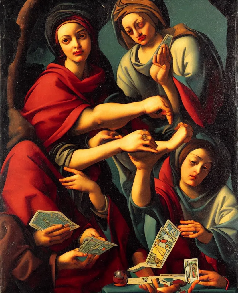 Image similar to oil painting renaissance fortune teller with tarot cards in the style of Guido Reni