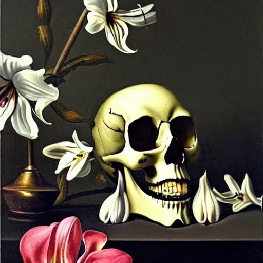 Image similar to a painting of a skull with diamonds in its eyes surrounded by white lilies all in front of a dark shadowy background in the style of a still life painting by francisco de zurbaran