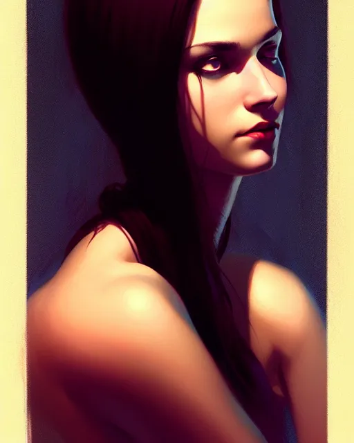 Image similar to stylized portrait of an artistic pose, composition, dark sensual mysterious young lady, cinematic moody colors, one single head, realistic shaded, fine details, realistic shaded lighting poster by ilya kuvshinov, magali villeneuve, artgerm, jeremy lipkin and michael garmash and rob rey