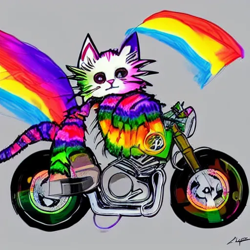 Image similar to wide angle full body, jacket wearing fluffy cute rainbow kitten wearing a black leather motorcycle jacket, concept art