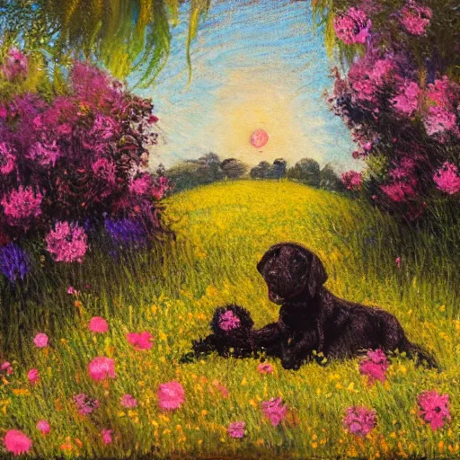 Image similar to pregnant black woman with curly hair in a vast field of flowers, laying down, a tiny black puppy running around, golden hour, vintage, impressionist painting, fine art, oil painting, dreamy, pastel, laughing, happy, intricate details, sharp, peaceful, serene