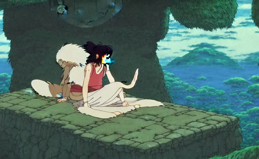 Prompt: a still from a studio ghibli movie of a magic carpet ride from princess mononoke ( 1 9 9 7 ), full body, wide shot, very dull muted colors, studio ghibli, highly detailed, deviantart, art by artgem