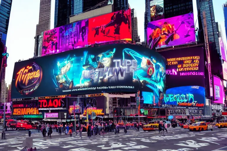 Prompt: a billboard on times square, screen show concert poster, band name is tripmachine, realistic digital art, on the screen is a 3 d render of a huge futuristic steampunk generator, 8 k, fluorescent colors, halluzinogenic, multicolored, exaggerated detailed, unreal engine, 8 0 mm