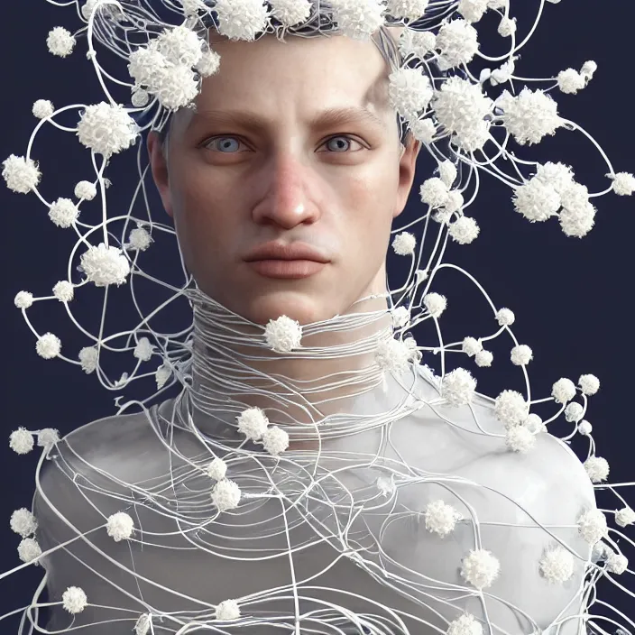 Image similar to hyperrealist portrait of a 2 0 4 4 space sport engineer, it is decorated with long white wires and white flowers that fall like vines and wears a huge computer crown by roberto ferri, fantasy art, photo realistic, dynamic lighting, unreal engine rendered, artstation, poster, dramatic light, very detailed faces, - 8 k, award winning