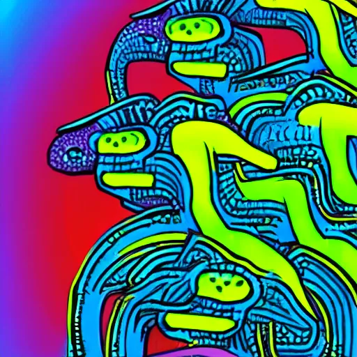 Prompt: illustration of a race of reptilian - esque aliens, in neon colors. the aliens have large antenna - like protrusions from their head.