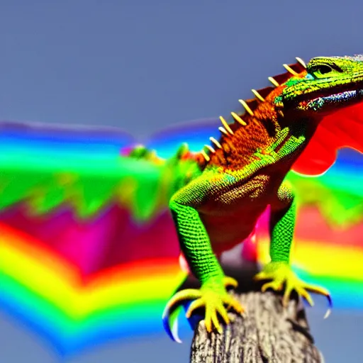 a tiny dragon lizard with rainbow colored wings, high | Stable