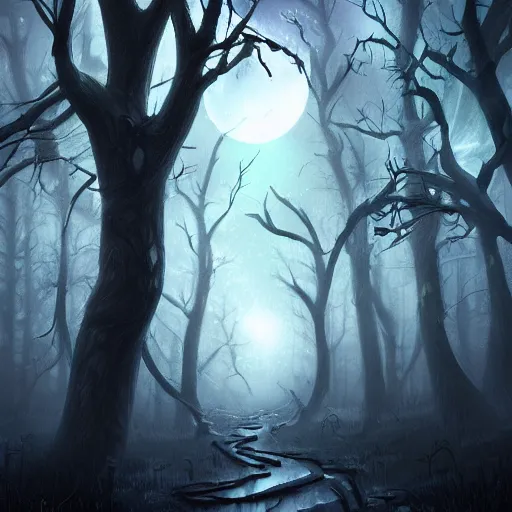 Prompt: a dark ominous forest, dead trees, moonlit, a ethereal ghost approaching, spooky digital artwork by Artgerm, trending on artstation