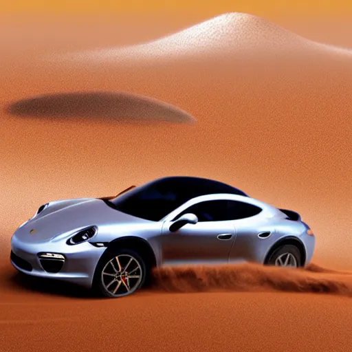 Prompt: the Abu Dhabi desert during a monsoon dust storm, a sports magazine image a slick, new, and cool looking porsche drifting down a sand dune in the Arabian desert during a monsoon dust storm, dust storm in the United Arab Emirates desert, Haboob in the background w/ bolts of lightning striking behind the cityscape of Dubai, fantasy illustration, detailed painting, and deep color