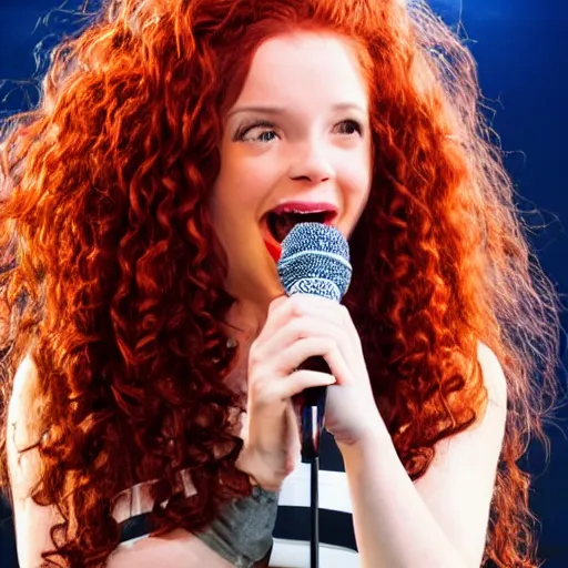 Image similar to a beautiful girl with long curly red hair on a singing on broadway stage