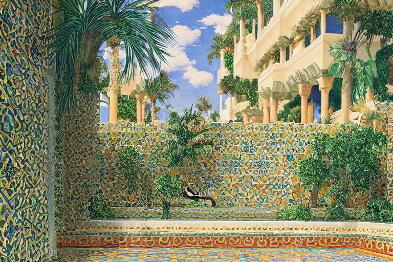 Prompt: painting of a beautiful moorish palace courtyard garden, by alayna danner and maxfield parrish and evelyn de morgan, patterned tilework, palm trees, tiled fountains, extremely detailed, cinematic lighting, smooth sharp focus