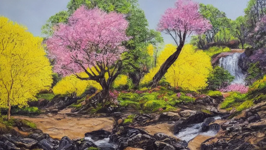 Image similar to A beautiful landscape oil painting of a hill with trees, a person is walking trhough the river and anoter person is sitting under a tree, the spring has arrived and the trees are blooming and covered with yellow, pink, purple and red flowers, the river come from the waterfall and is zigzagging and flowing its way, the river has lots of dark grey rocks, by Greg Rutkowski