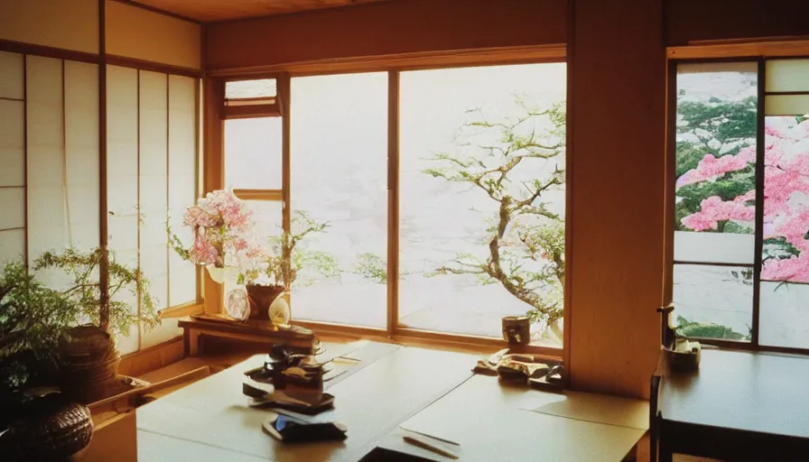 Image similar to 1 9 9 0 s candid 3 5 mm photo of a beautiful day in the a dreamy japanese flowery cottage designed by gucci, cinematic lighting, cinematic look, golden hour, a desk for flower arrangements and journaling has sun shinning on it through a window, temple in the distance, uhd