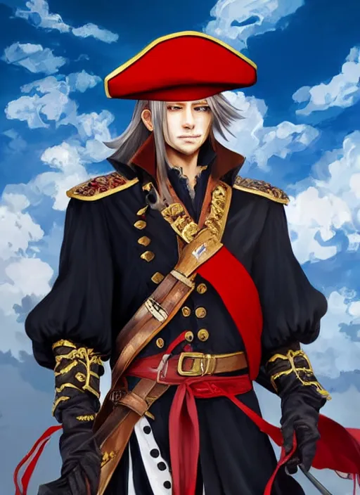 Image similar to a pirate king, old - trimmed uniform with a red sash around his waist, stern expression, blue eyes. portrait. sun rays. hd, 8 k. anime. final fantasy concept art. artwork by wen yu li, art by wen yu li.