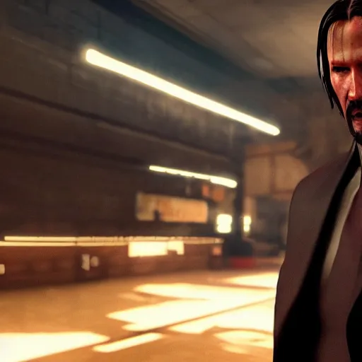 Image similar to a still from the video game trailer of John Wick, 4k, realistic face, unreal engine 5
