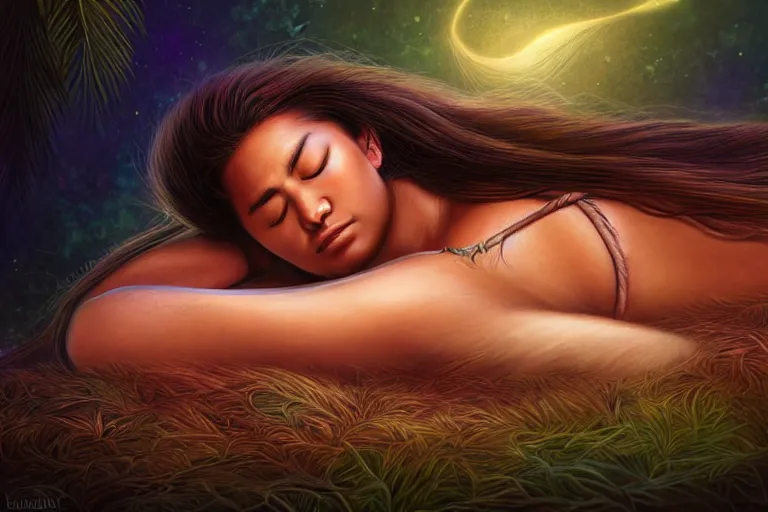 Prompt: polynesian sleeping goddess, anatomy, professional photo lemurian night, realistic texture, detailed soft digital fantasy art