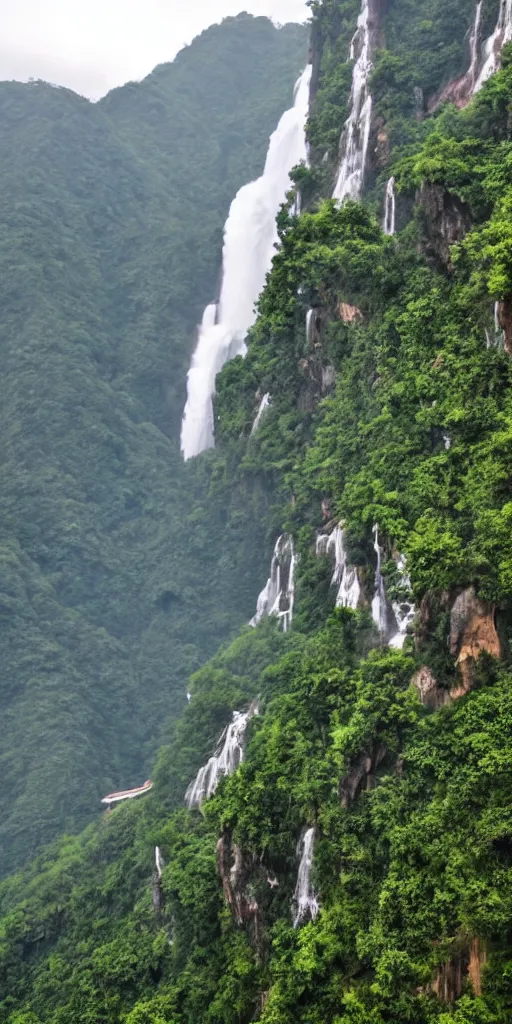 Image similar to a Cloudy peak in southern China with one waterfall, the style of National Geographic magazine