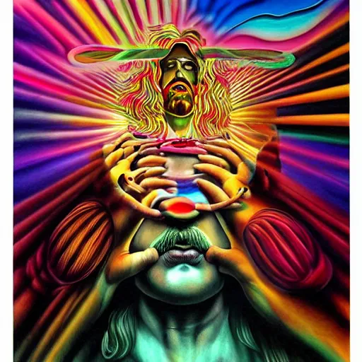 Prompt: psychedelic ; trippy ; acid trip ; artgerm ; salvadore dali ; surreal ; abstract ; lsd ; jesus christ breaking bread