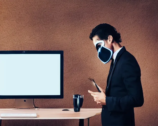 Image similar to man wearing guy fawkes mask looking at computer monitor, corporate photo, cinematic lighting
