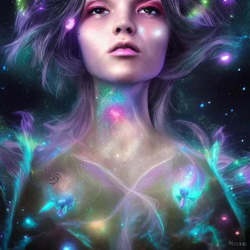 Image similar to portrait of a magical fairy made of galaxies, highly detailed, realistic, octane render, comic book art, space travel, unreal engine, sharp focus