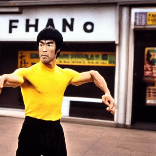 Image similar to 8 k portrait photograph of bruce lee, a blurred wafflehouse in the background