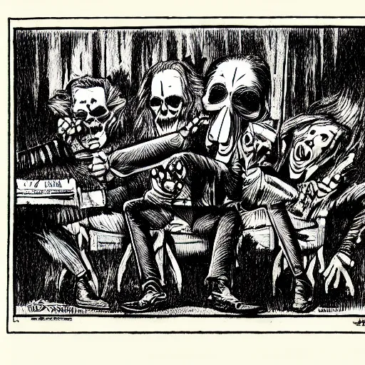 Image similar to a Pop Wonder scary horror themed goofy-hilarious-character r-Crumb, dime-store-comic drawn with charcoal and pen and ink, half-tone-line-stacking