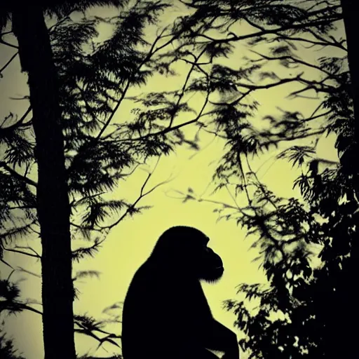 Image similar to portrait photo, rim light around fur of an ape on a tree, silhoutte, dim light, golden hour, tree top, dslr award winning photo, nikon