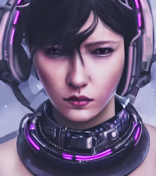 Image similar to detailed realistic female character cyberpunk wearing thick technological collar around neck, realistic, art, beautiful, 4K, collar, choker, collar around neck, punk, artstation, detailed, female, woman, choker, cyberpunk, neon, punk, collar, choker, collar around neck, thick collar, tight around neck, punk,