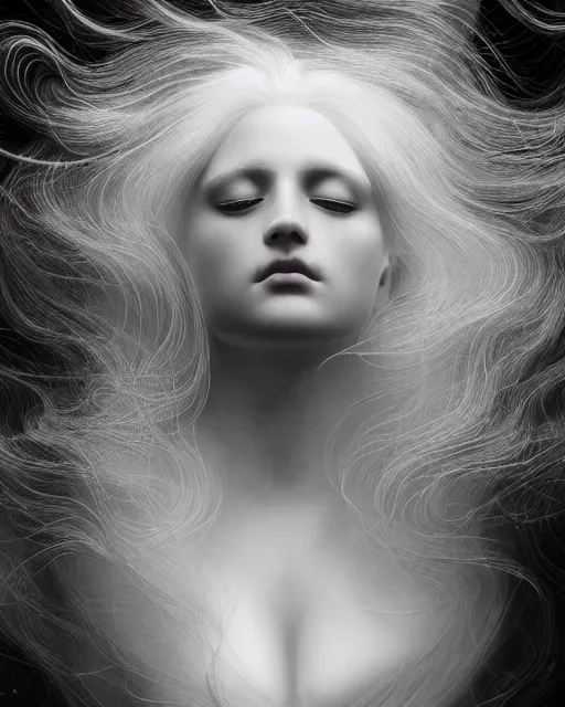 Image similar to monochrome, dreamy, subsurface scattering, white, young beautiful goddess in cosmos with very long white hair floating in air, fluid smoke art, black and white, octane render, dino valls, mark ryden, joe fenton, michal karcz, highly detailed, rim light, art, cinematic lighting, very coherent, hyper realism, 8 k