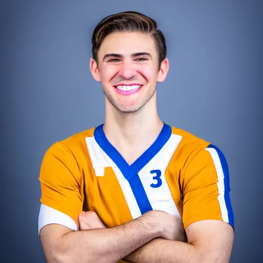 Prompt: a portrait of a young Caucasian man smiling with short brown hair that sticks up in the front, blue eyes, groomed eyebrows, tapered hairline, sharp jawline, wearing a volleyball jersey, sigma 85mm f/1.4, 15mm, 35mm, 4k, high resolution, 4k, 8k, hd, highly detailed, full color, Kodak Kodachrome Film