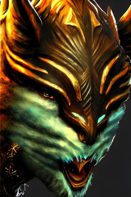 Image similar to Charr ranger of Guild Wars 2, concept art, close-up, digital art, hyper-realistic, highly detailed