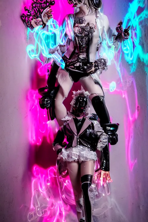 Image similar to full-body rococo and cyberpunk style neon statue of a young attractive Tanner Buchanan wearing cholo shades macho dotado e rico android sim roupa reclining con las piernas abertas e la piroca dura, ethereal white dripping tar, glowing orange lasers, pink tigers, glowing eyes, silver prince crown, black gears, pink diamonds, swirling mint-colored silk fabric. futuristic elements. full-length view. human skulls. large intricate artwork by caravaggio. Trending on artstation, octane render, cinematic lighting from the right, hyper realism, octane render, 8k, depth of field, 3D